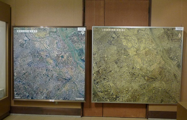 富士見市の航空写真（平成元年と12年）を比較して、地域の変化をたどる写真