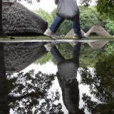 水子貝塚公園　10月　雨降りの貝塚公園で多くの人が散歩していました。背景の竪穴住居が印象的でした。（古舘澄夫さん（市内在住）撮影）