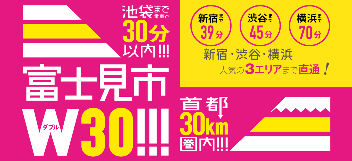 富士見市ダブル30 首都30km圏内 池袋まで電車で30分以内 新宿まで39分 渋谷まで45分 横浜まで70分 新宿・渋谷・横浜 人気の3エリアまで直通